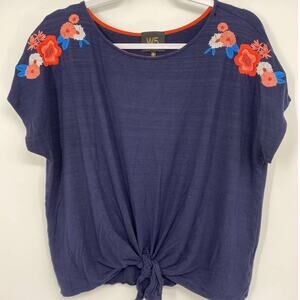 W5 Womens Embroidered Blue Short Sleeve Round Neck Front Tie Shirt Top NEW XL